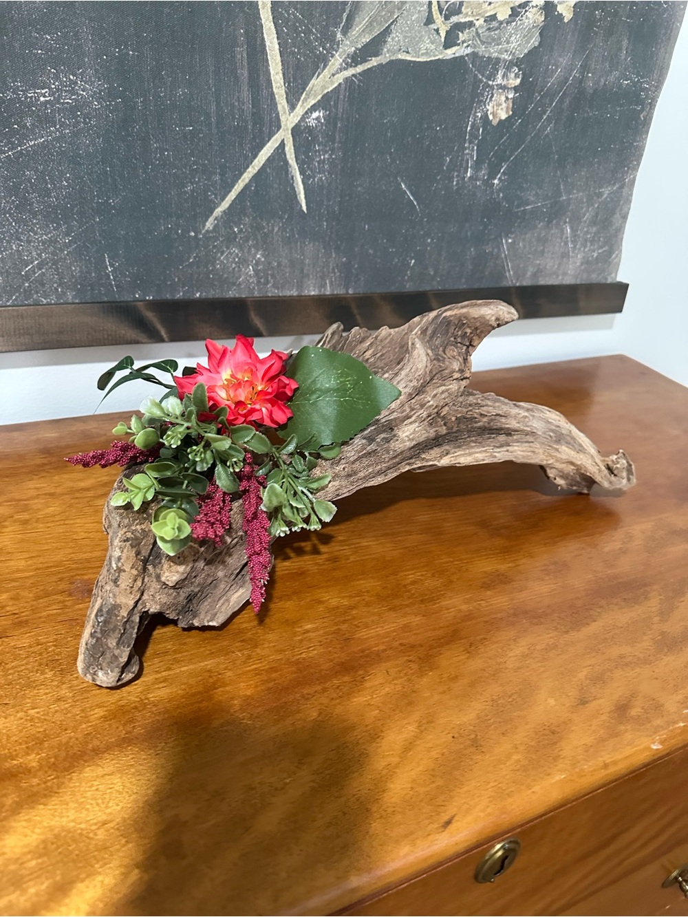 DRIFTWOOD Red Floral Driftwood Centerpiece with Green Foliage